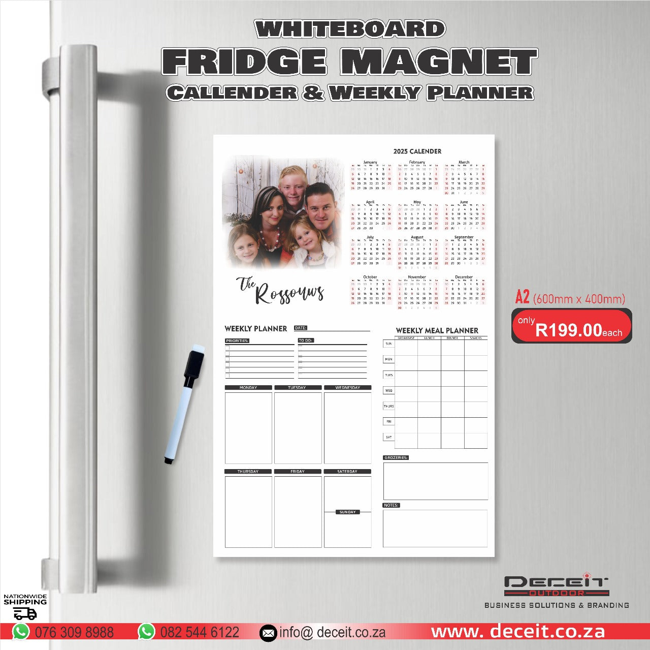 Whiteboard Fridge Magnet - 2025 Calendar & Weekly Planner